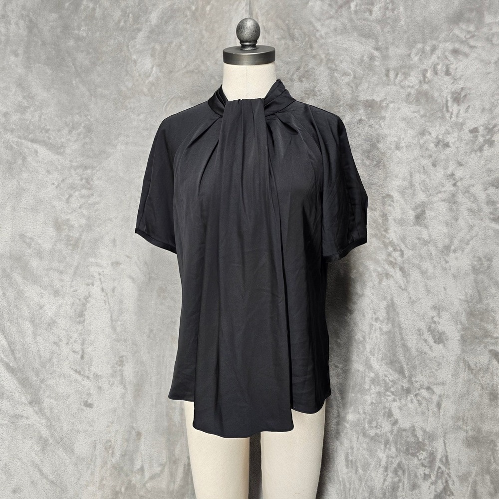 J.Crew Blouse Top Womens M Blk Drape Front Short Sleeve Minimalist Dark Academia